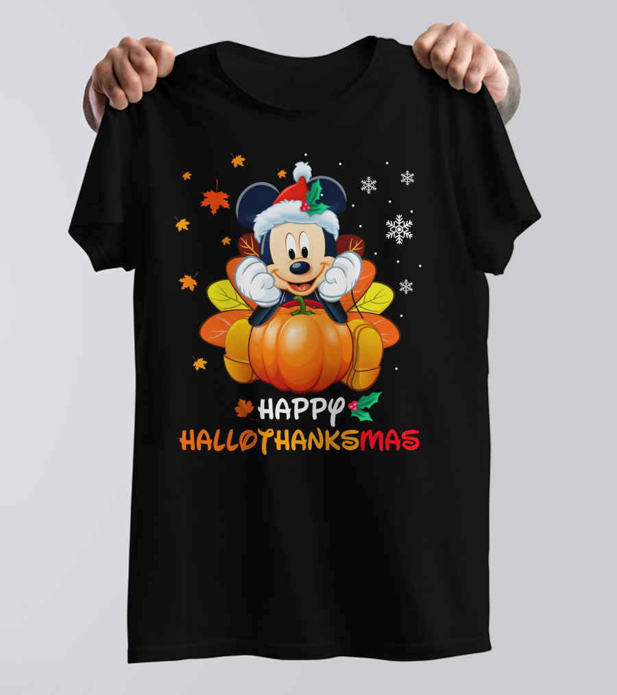 Happy Hallothanksmas Mickey Pumpkin Festive Leaves Snowflakes T-Shirt