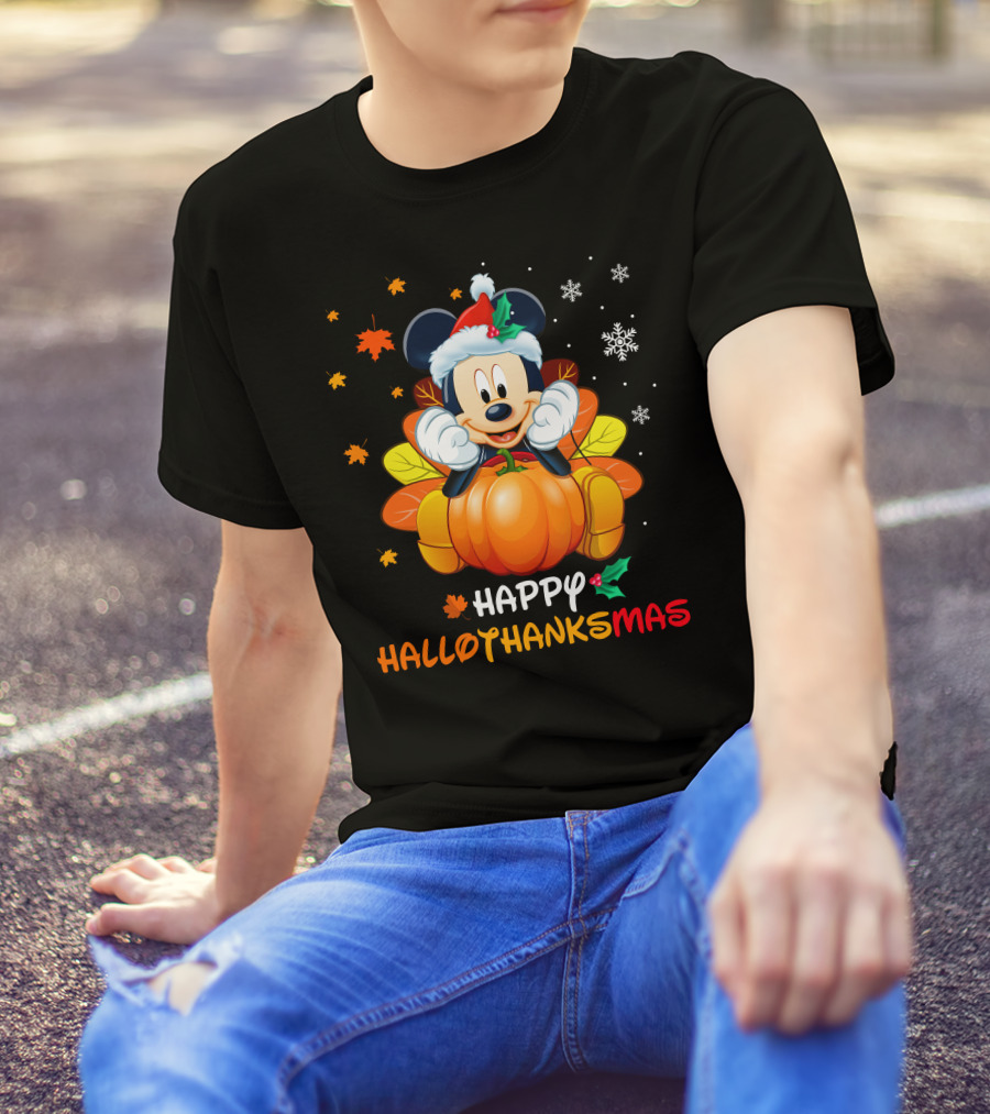 Happy Hallothanksmas Mickey Pumpkin Festive Leaves Snowflakes T-Shirt
