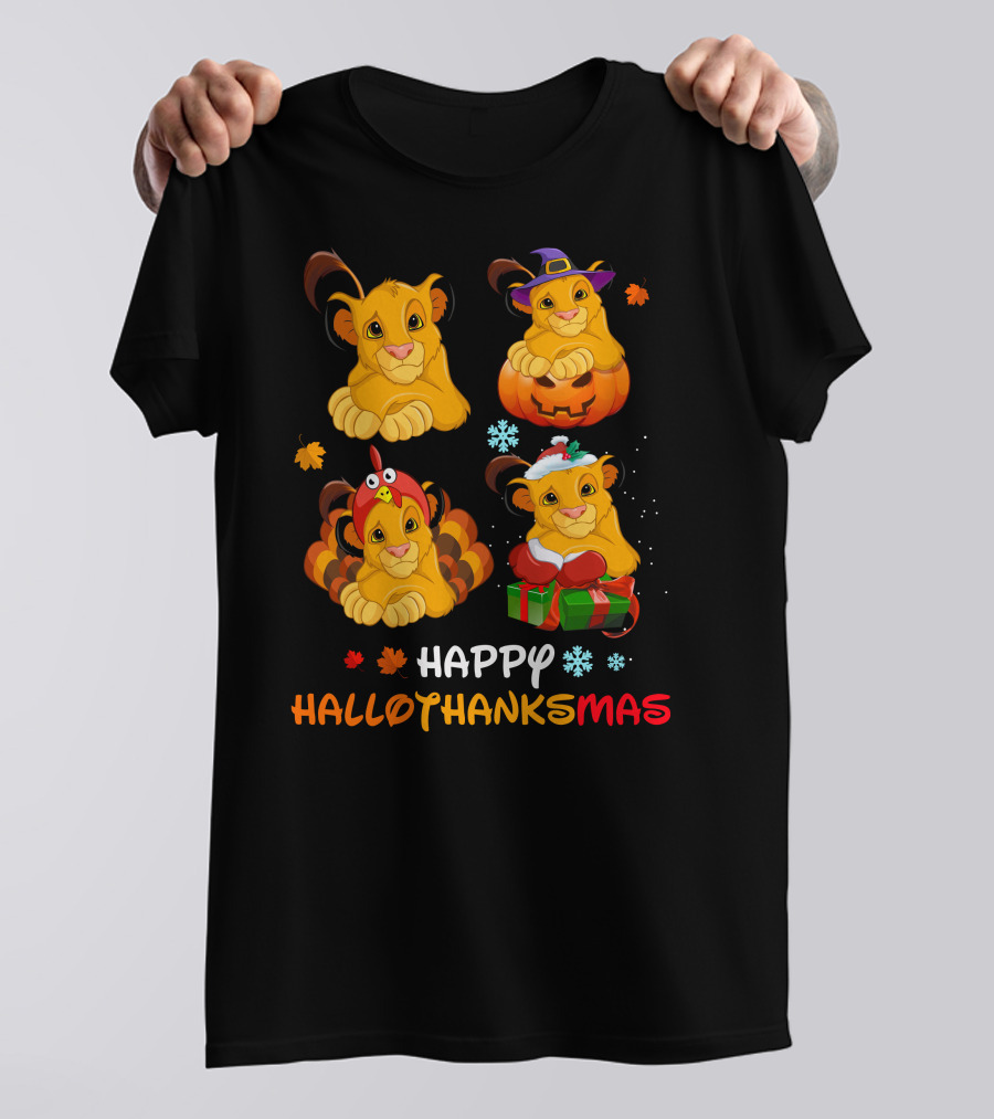 Happy Hallothanksmas Simba Lion Pumpkin Turkey Santa Hat Snowflakes T-Shirt