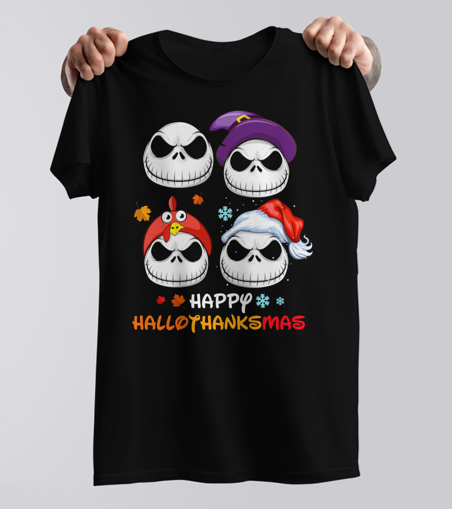 Happy HALLOTHANKSMAS Jack Skellington Faces With Witch Hat Turkey Hat Santa Hat Leaves Snowflakes T-Shirt