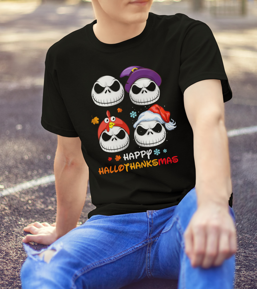 Happy HALLOTHANKSMAS Jack Skellington Faces With Witch Hat Turkey Hat Santa Hat Leaves Snowflakes T-Shirt