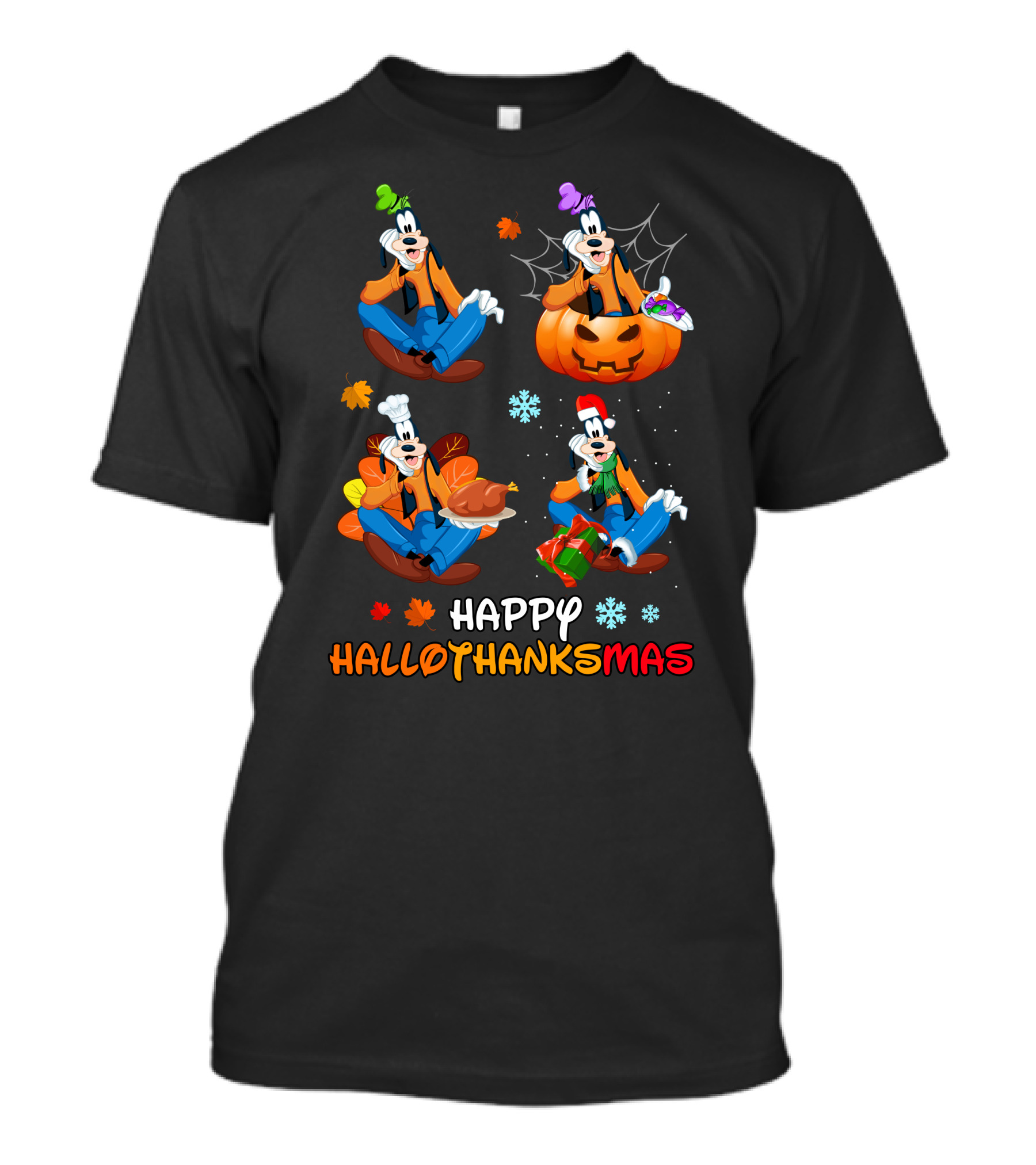 HAPPY HALLOTHANKSMAS Goofy Halloween Thanksgiving Christmas Festive Cartoon Characters T-Shirt