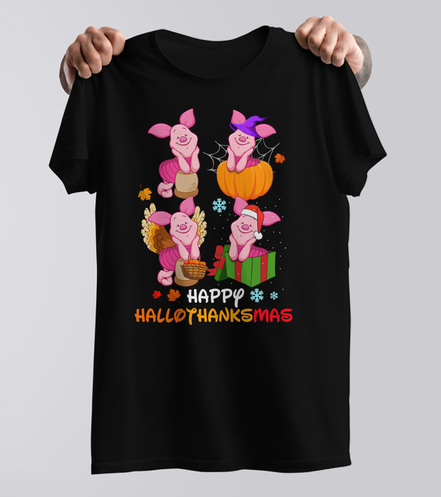 Happy HALLOTHANKSMAS Piglet In Pumpkin Turkey And Gift Box T-Shirt