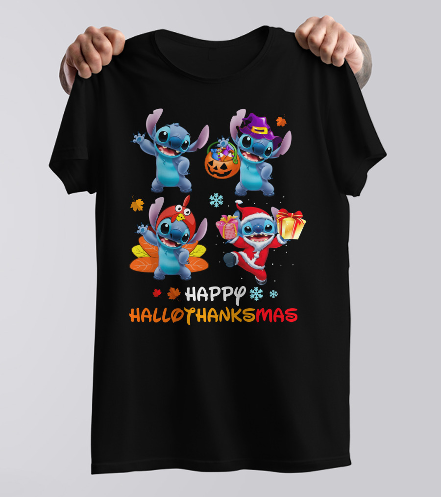 Happy HALLOTHANKSMAS Stitch In Halloween Thanksgiving Christmas Styles T-Shirt