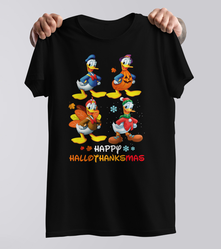 Happy HALLOTHANKSMAS Donald Characters In Holiday Costumes T-Shirt