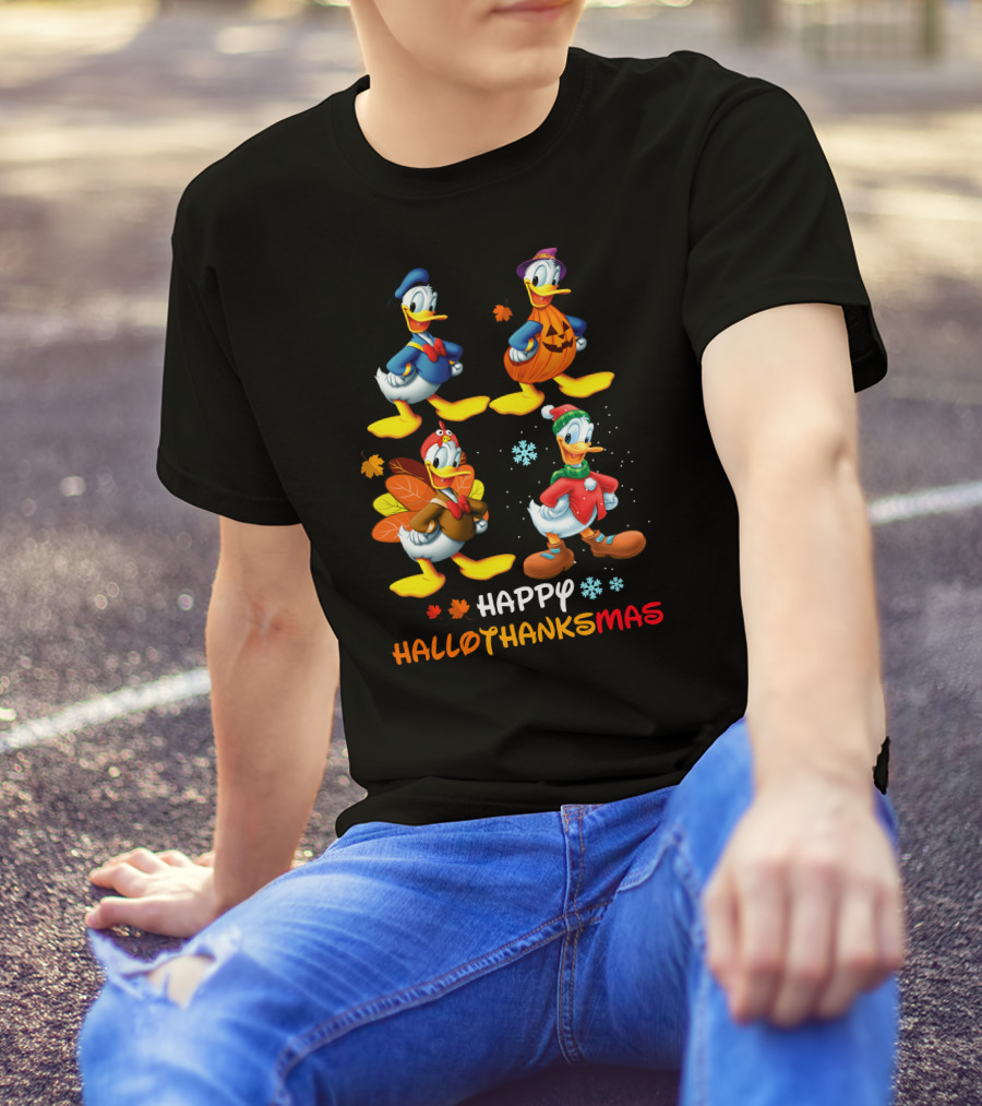 Happy HALLOTHANKSMAS Donald Characters In Holiday Costumes T-Shirt