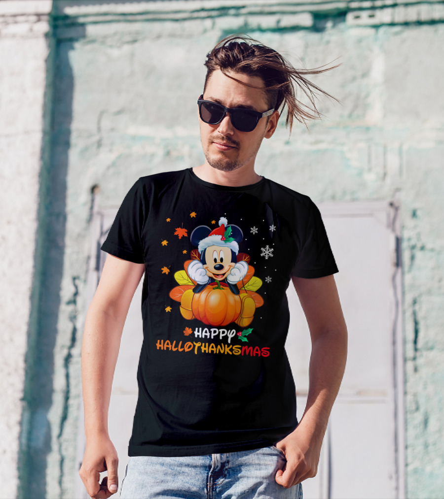 Happy HALLOTHANKSMAS Mickey Mouse Santa Pumpkin Leaves Snowflakes T-Shirt