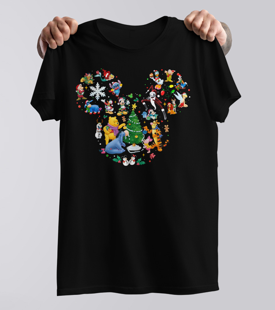 Disney Christmas Mickey Mouse Winnie The Pooh Tigger Stitch Olaf Jack Skellington Tinker Bell Ensemble T-Shirt