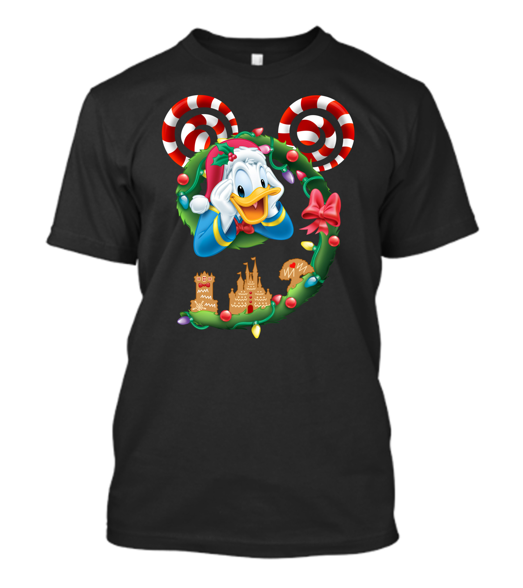 Donald Duck Christmas Wreath With Candy Cane Mickey Ears And Gingerbread Castle T-Shirt