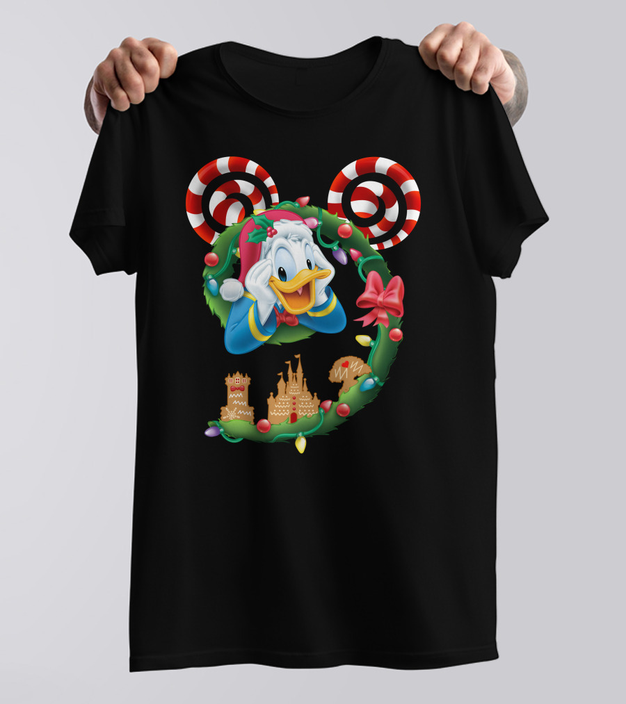 Donald Duck Christmas Wreath With Candy Cane Mickey Ears And Gingerbread Castle T-Shirt