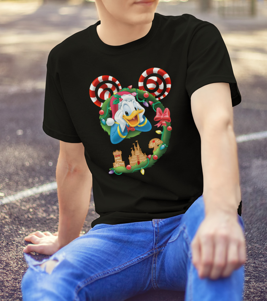 Donald Duck Christmas Wreath With Candy Cane Mickey Ears And Gingerbread Castle T-Shirt
