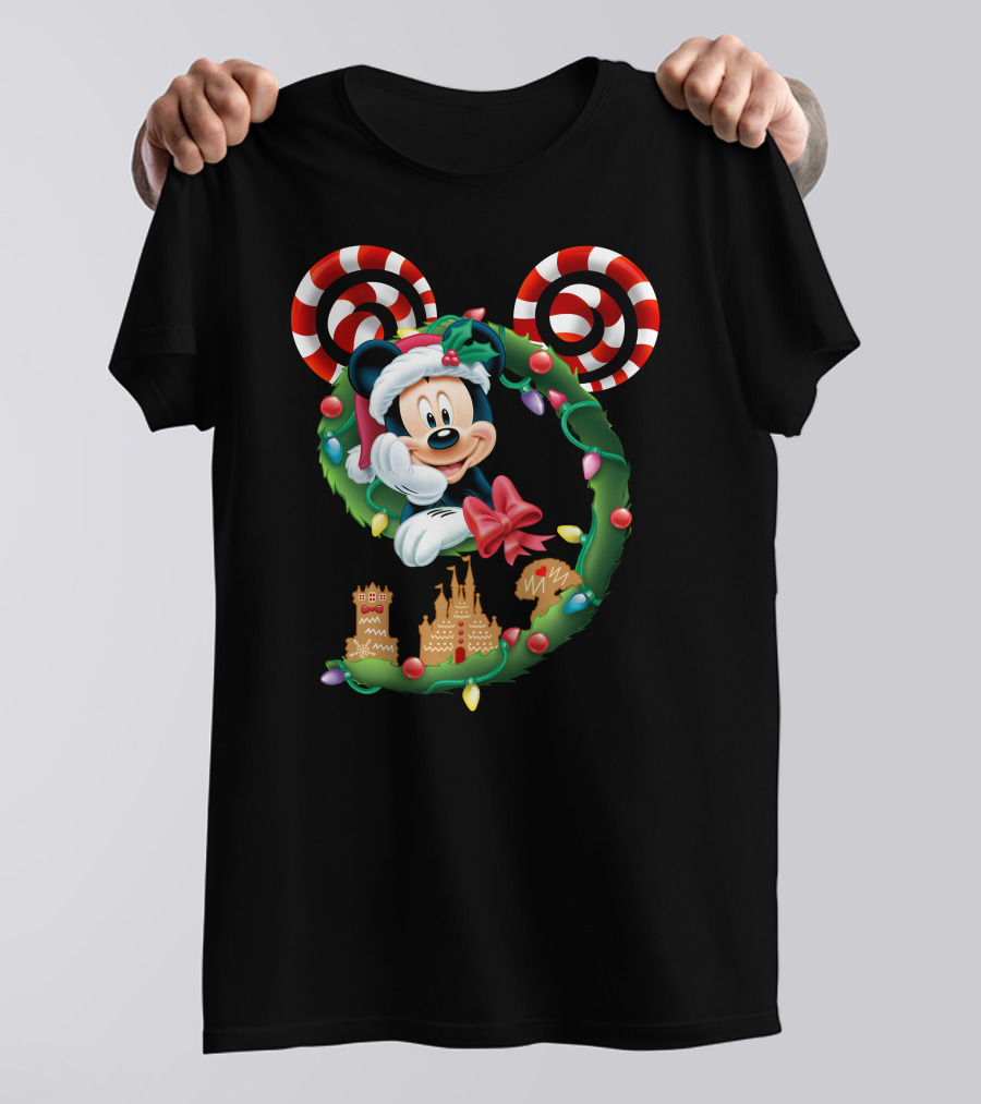 Mickey Mouse Christmas Holiday Wreath Candy Cane Ear Gingerbread House T-Shirt