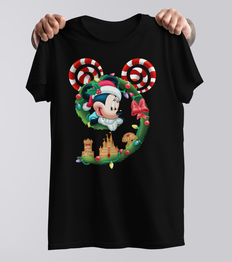 Minnie Mouse Christmas Wreath Candy Cane Ears Holiday Castle Lights T-Shirt