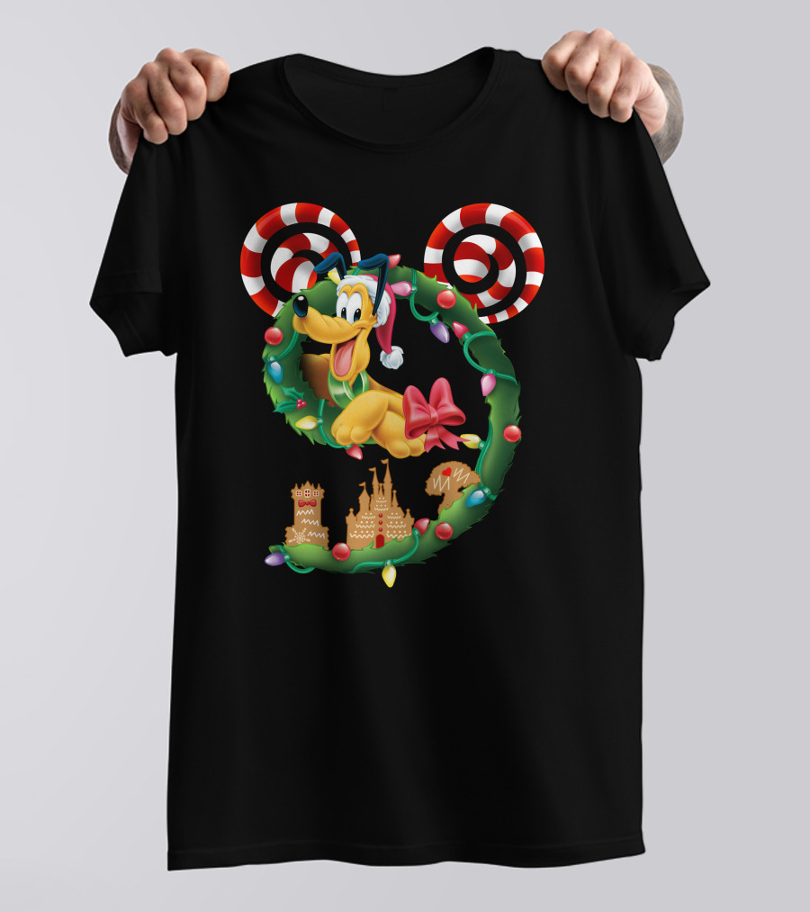 Pluto Holiday Wreath With Candy Canes And Gingerbread Castle T-Shirt