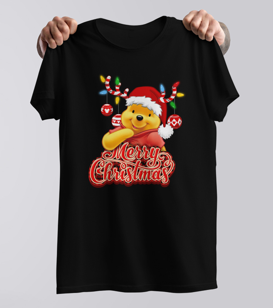 Merry Christmas Pooh Santa Hat Festive Lights Antlers T-Shirt