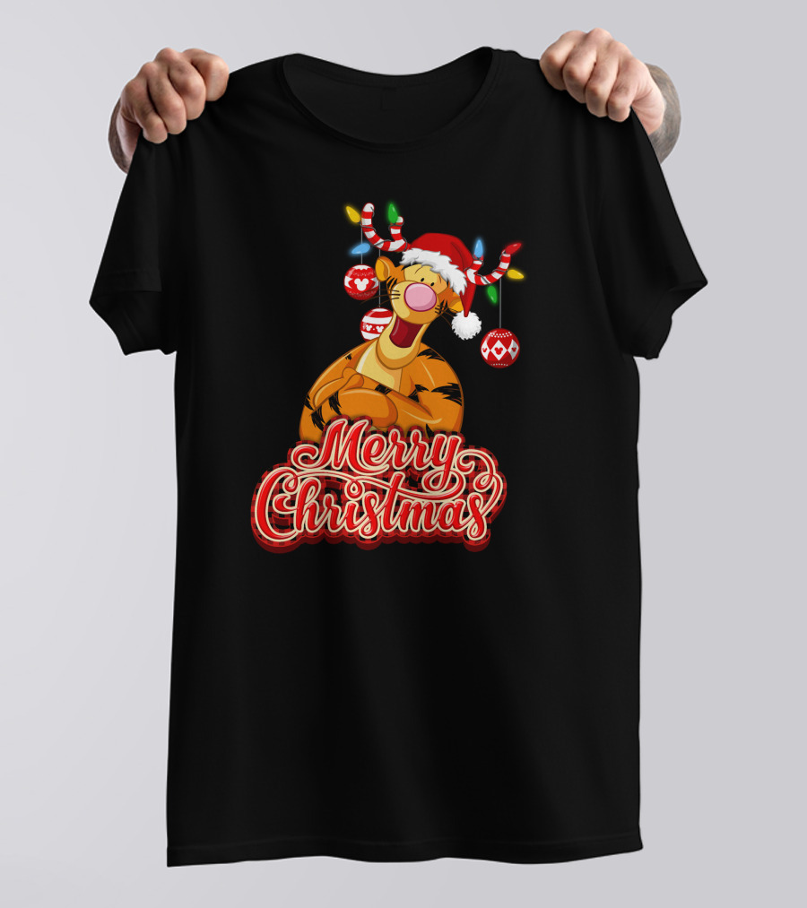 Merry Christmas Tigger Santa Hat Festive Lights And Ornaments T-Shirt
