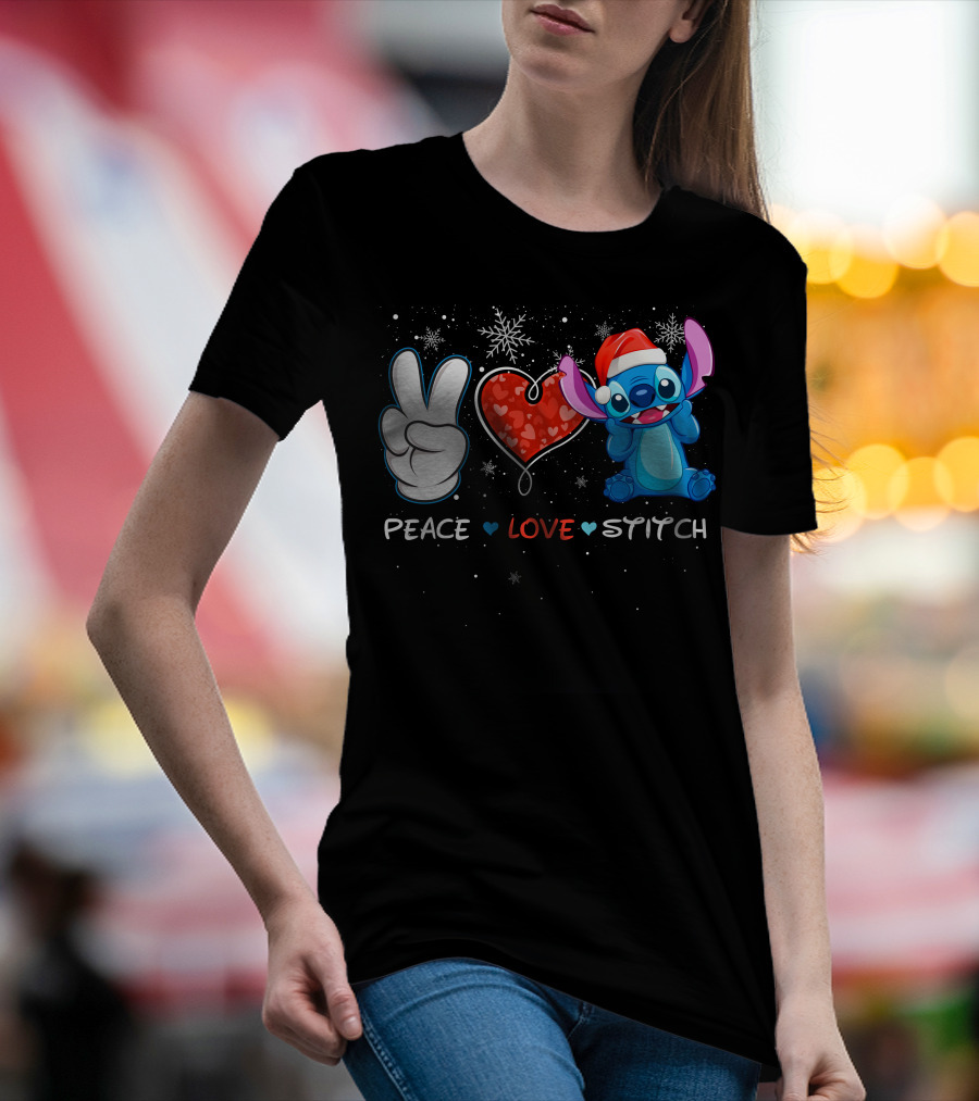 Peace Love Stitch Christmas Santa Hat T-Shirt
