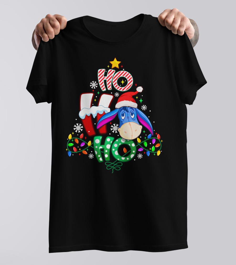 Ho Ho Ho Christmas Eeyore Santa Hat Lights Snowflakes T-Shirt