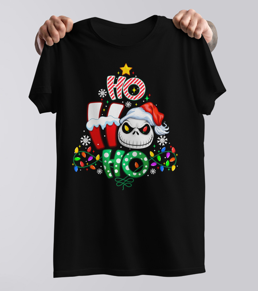 Jack Ho Ho Ho Skull Santa Hat Christmas Lights T-Shirt