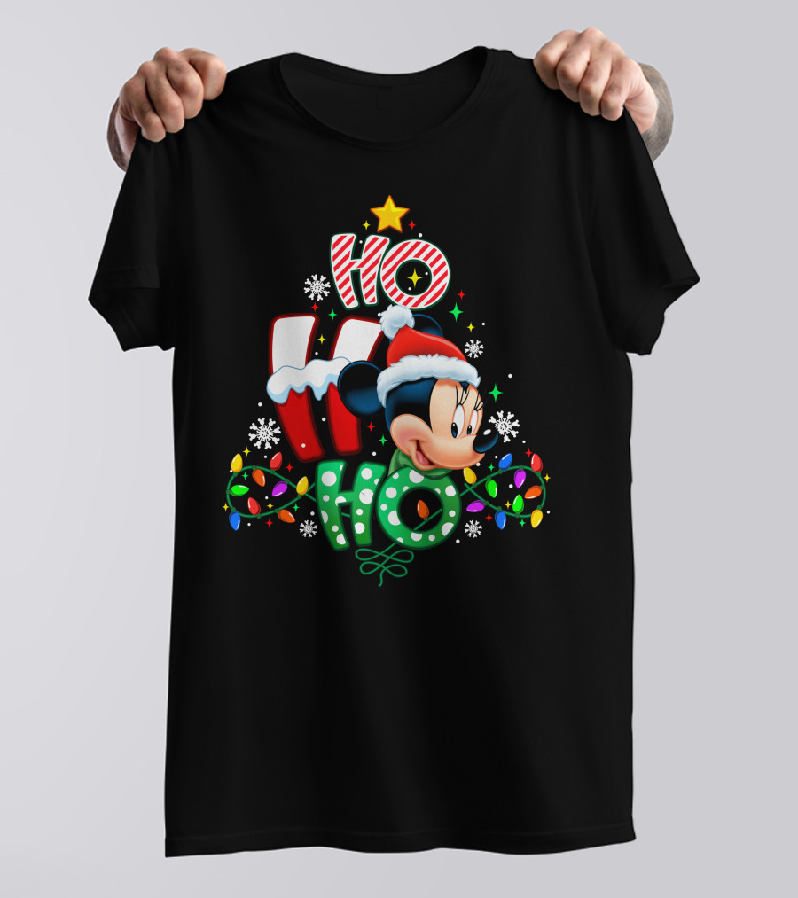 Minnie Mouse Ho Ho Ho Christmas Holiday Lights Snowflakes Santa Hat T-Shirt