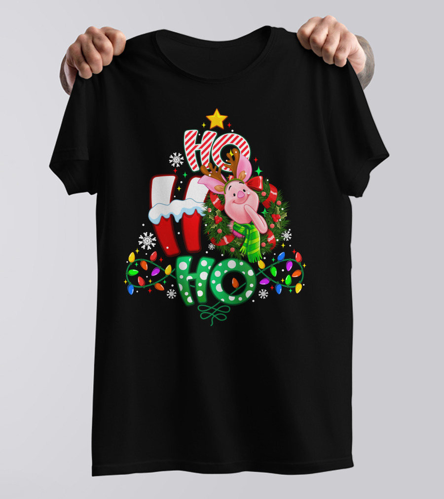 Ho Ho Ho Christmas Piglet Reindeer Lights Snowflakes T-Shirt