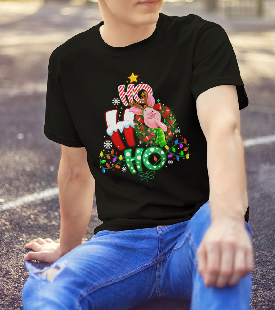 Ho Ho Ho Christmas Piglet Reindeer Lights Snowflakes T-Shirt