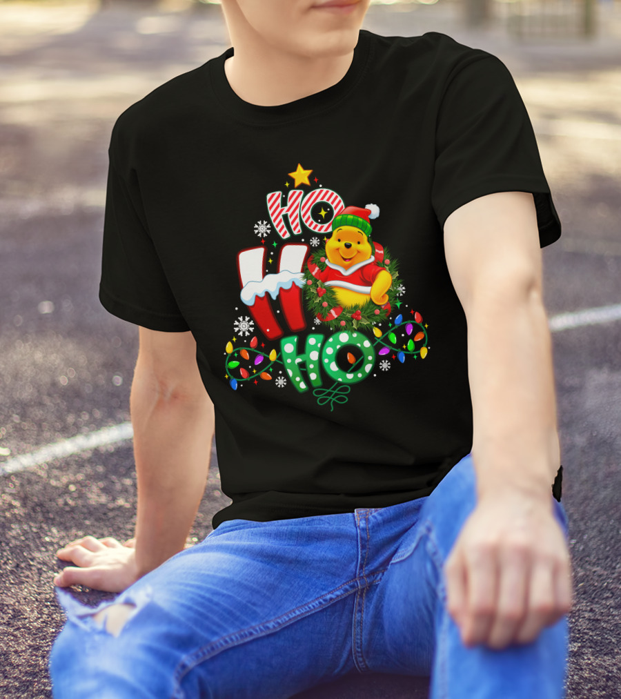Ho Ho Ho Pooh Christmas Lights Snowflakes Wreath Santa Hat T-Shirt