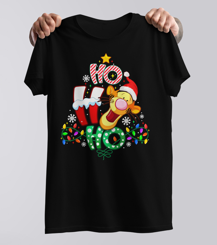 Tigger Christmas Ho Ho Ho With Lights And Santa Hat T-Shirt