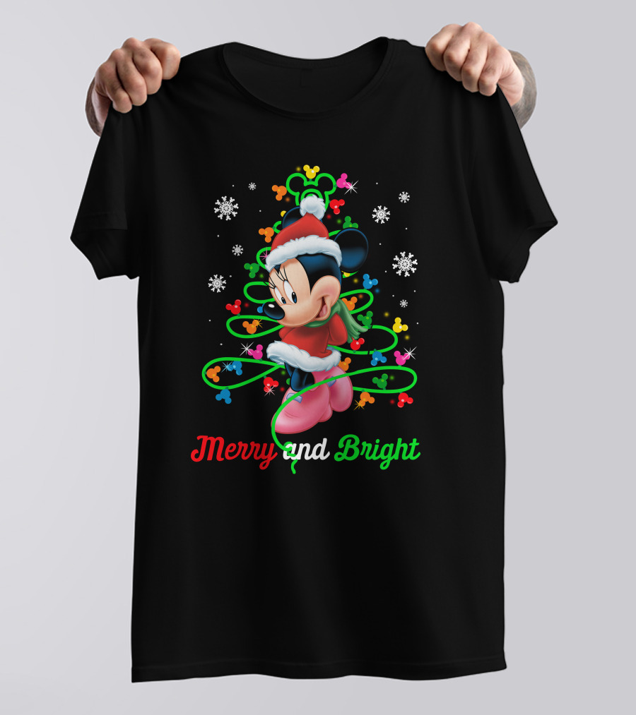 Merry And Bright Minnie Christmas Mickey Ears Holiday Snowflakes T-Shirt