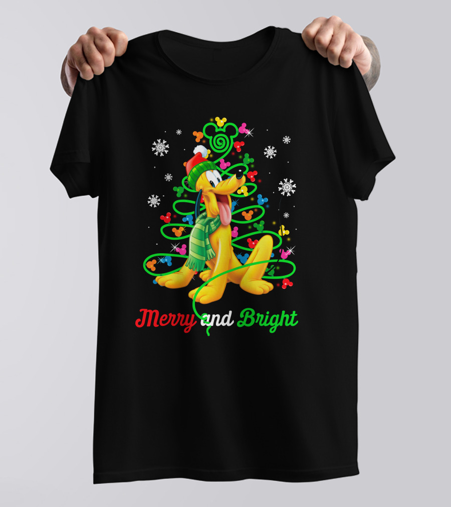 Pluto Merry And Bright Holiday Lights Mickey Snowflakes T-Shirt