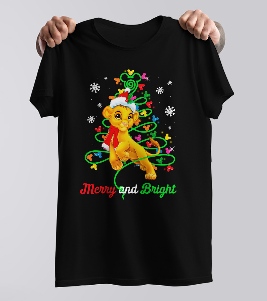 Merry And Bright Simba Christmas Snowflakes Santa Hat T-Shirt
