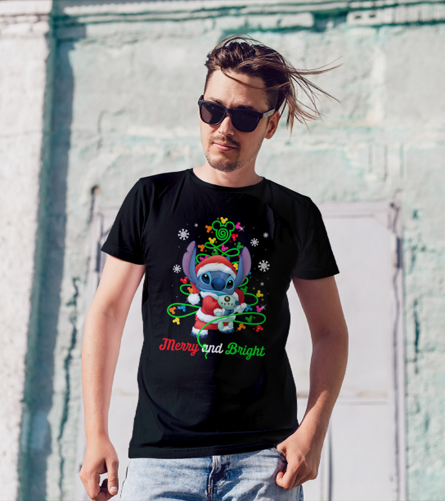 Merry And Bright Stitch Christmas Mickey Tree T-Shirt