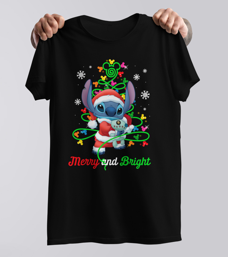Merry And Bright Stitch Christmas Mickey Tree T-Shirt