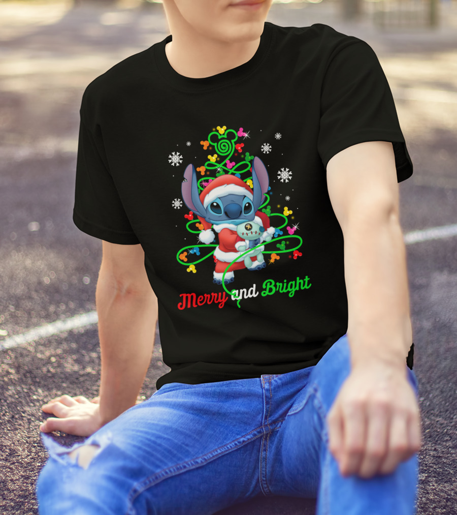 Merry And Bright Stitch Christmas Mickey Tree T-Shirt