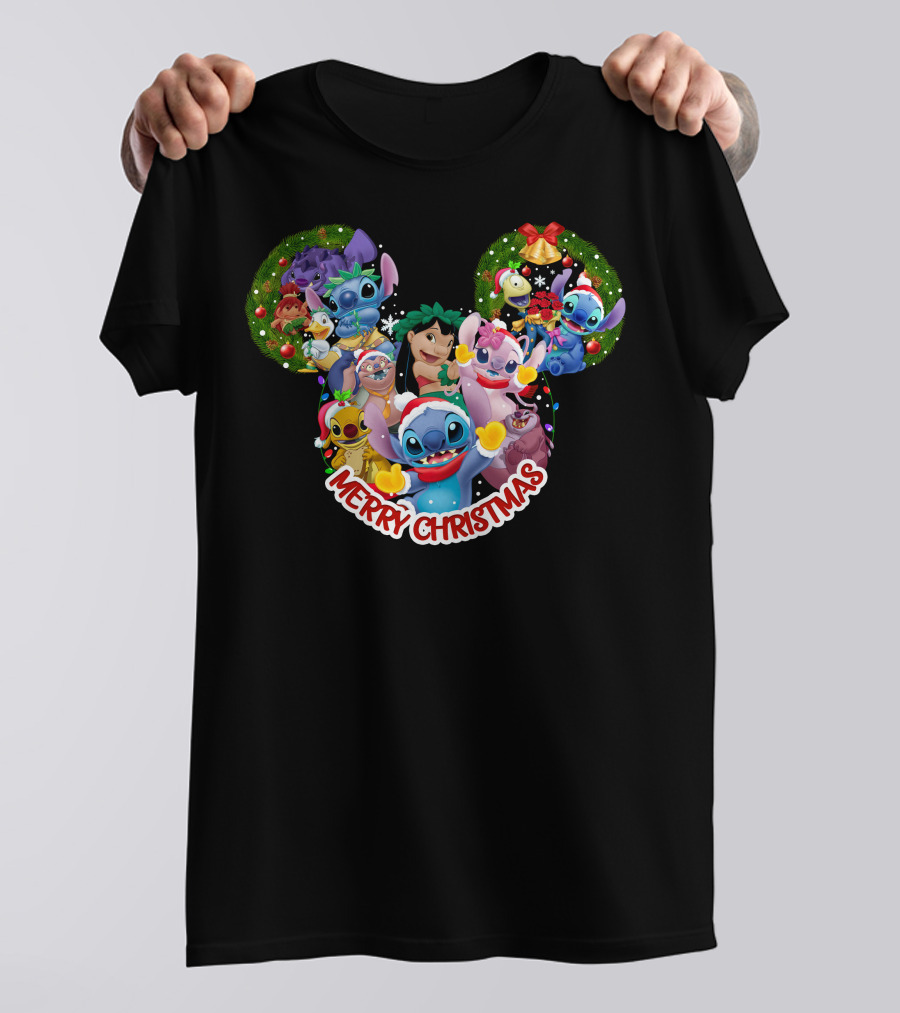 Merry Christmas Lilo And Stitch Disney Mickey Ears Wreath T-Shirt