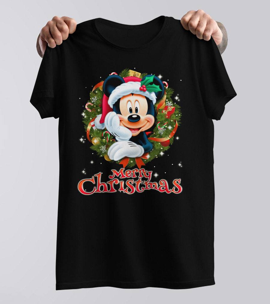 Mickey Merry Christmas Santa Hat With Holly Wreath T-Shirt