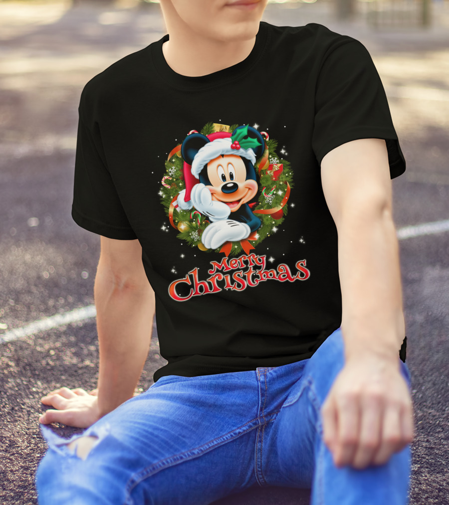 Mickey Merry Christmas Santa Hat With Holly Wreath T-Shirt