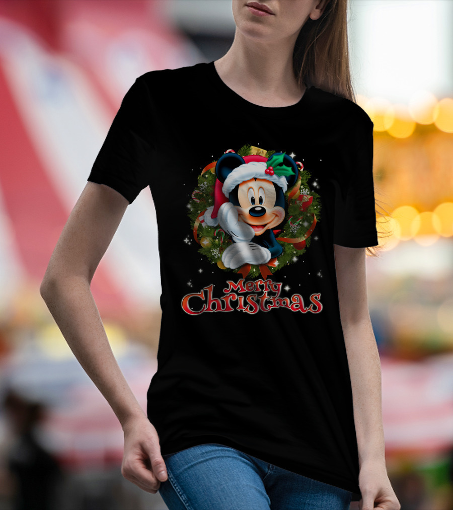 Mickey Merry Christmas Santa Hat With Holly Wreath T-Shirt