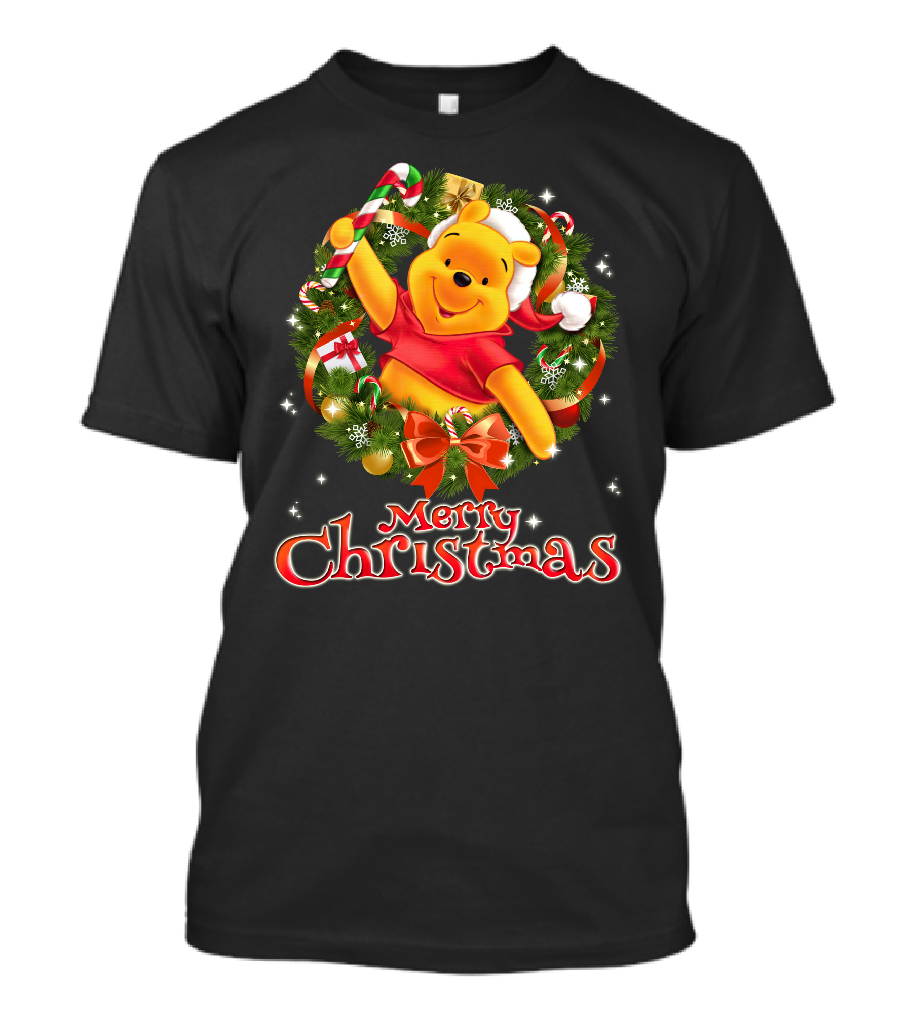 Merry Christmas Pooh Bear Wreath Candy Cane Santa Hat T-Shirt