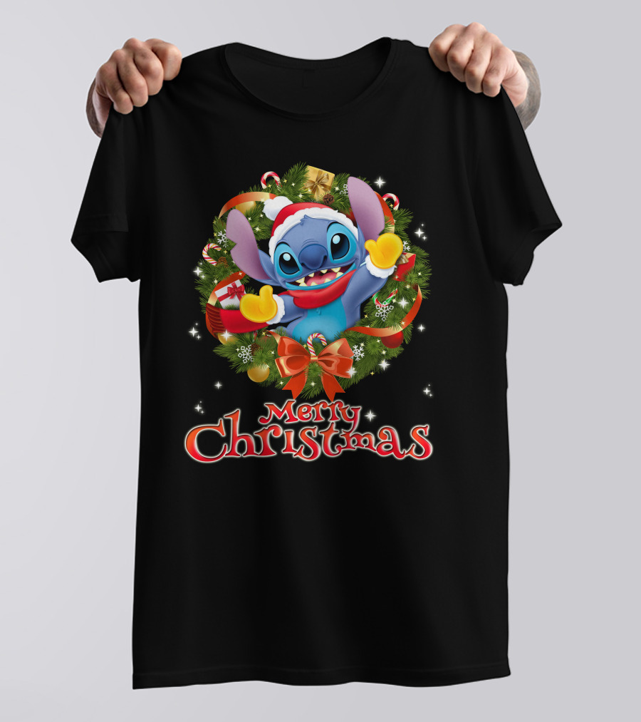 Merry Christmas Stitch Holiday Wreath Santa Hat Candy Cane T-Shirt