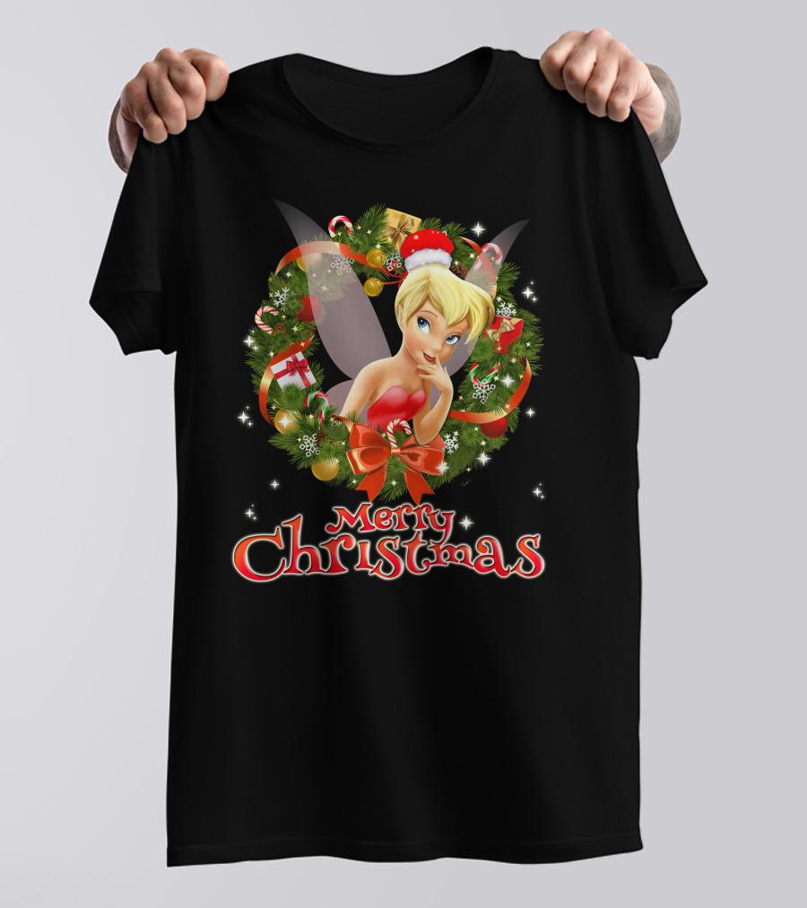 Merry Christmas Tinkerbell With Holiday Wreath T-Shirt