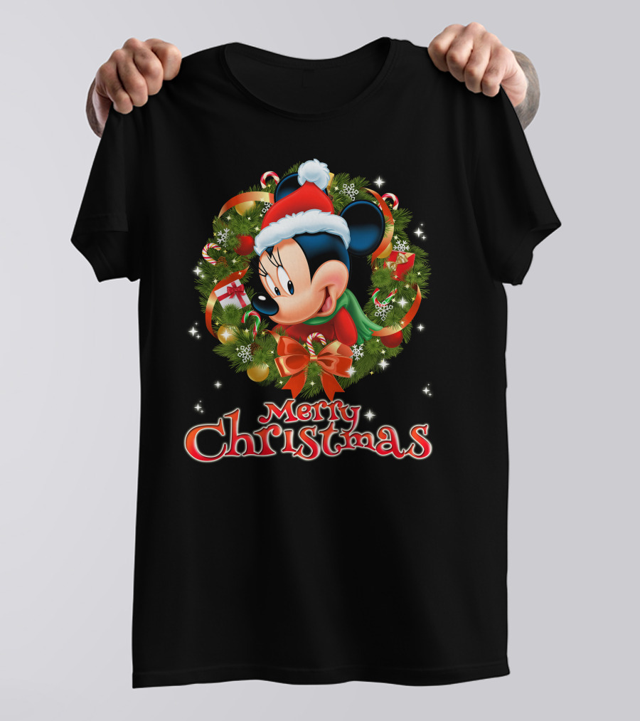 Merry Christmas Minnie Mouse Wreath With Santa Hat And Gifts T-Shirt