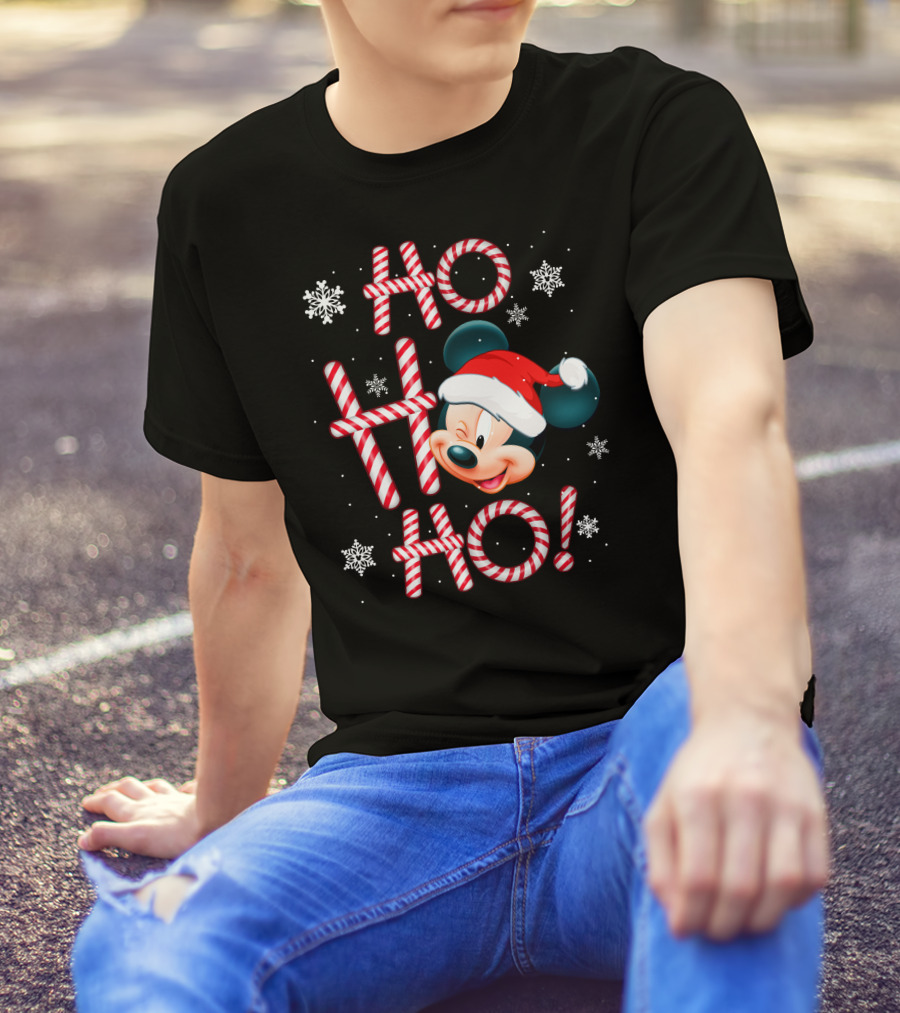 Ho Ho Ho Mickey Christmas Santa Hat Snowflakes T-Shirt