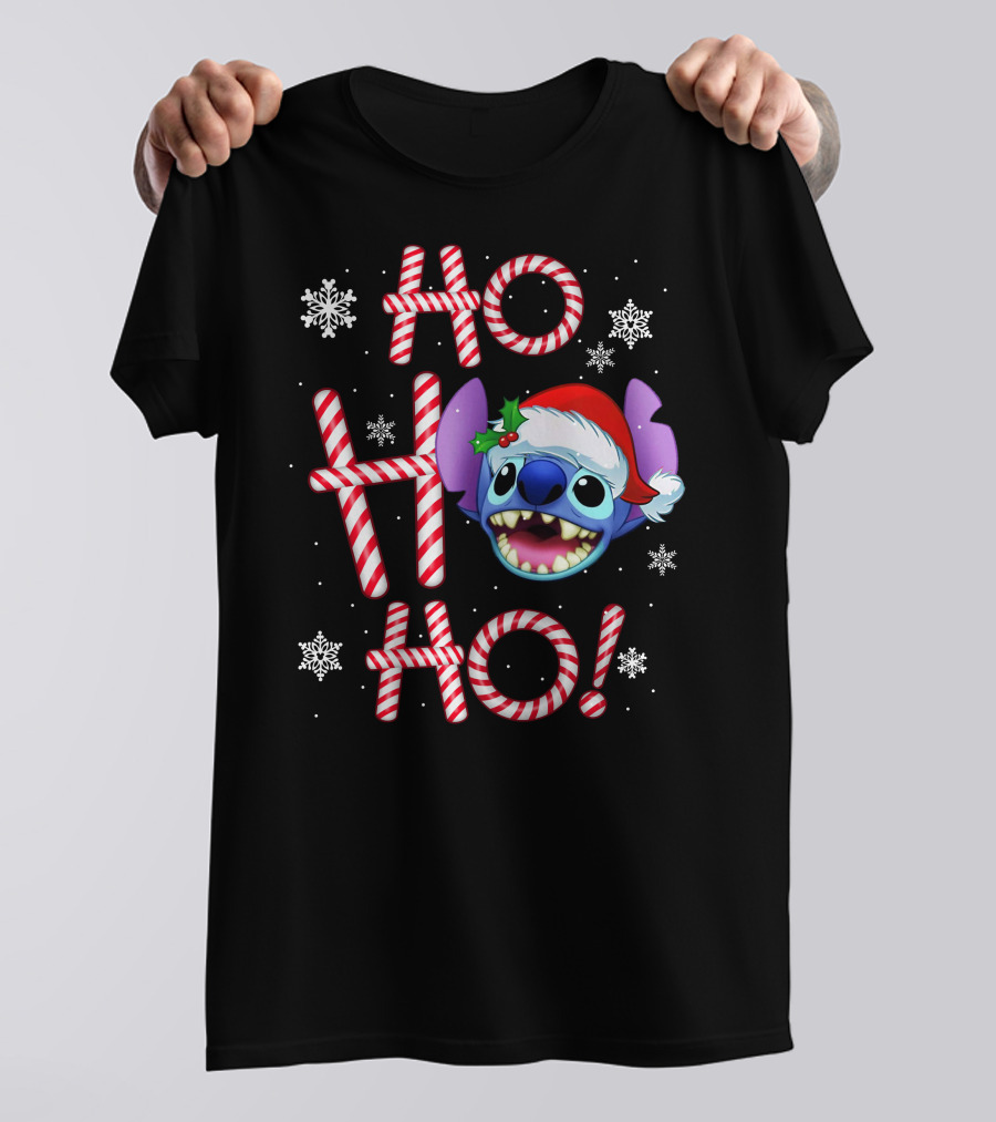 Ho Ho Ho Stitch Santa Hat Snowflakes Candy Cane T-Shirt