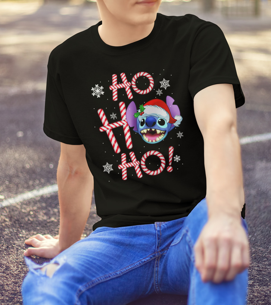 Ho Ho Ho Stitch Santa Hat Snowflakes Candy Cane T-Shirt