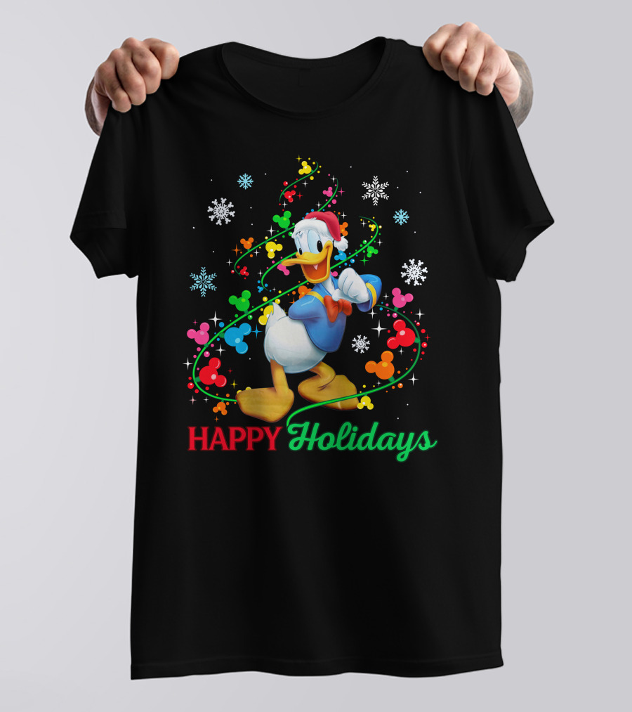 Happy Holidays Donald Duck Santa Hat Snowflake Icons And Mickey Heads T-Shirt