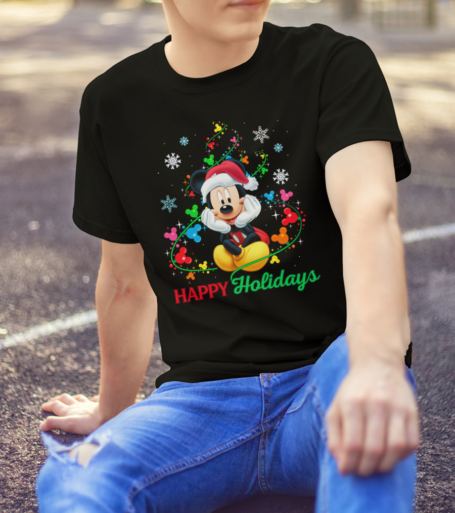 Mickey Happy Holidays Snowflakes Christmas Lights T-Shirt