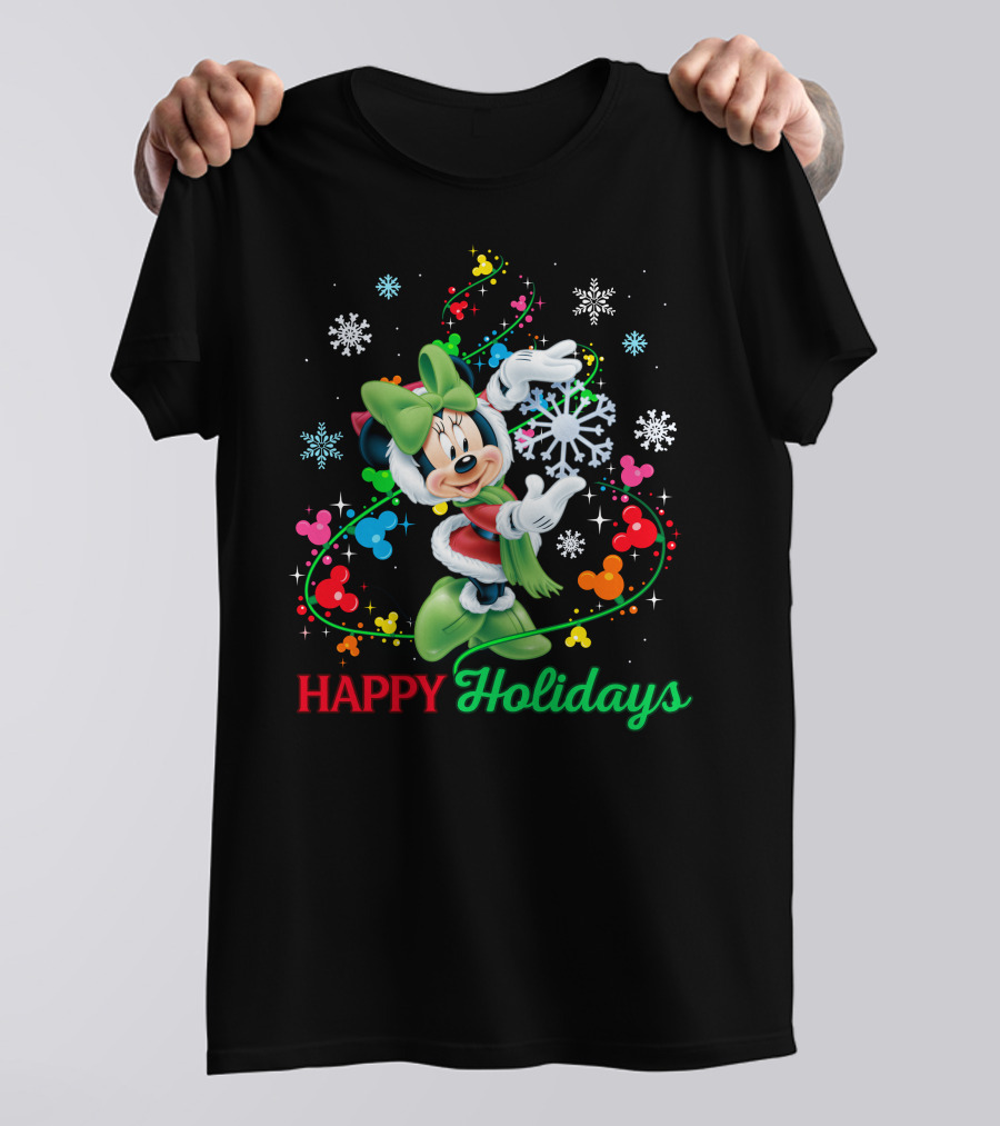 Happy Holidays Minnie Snowflakes And Colorful Mickey Icons T-Shirt
