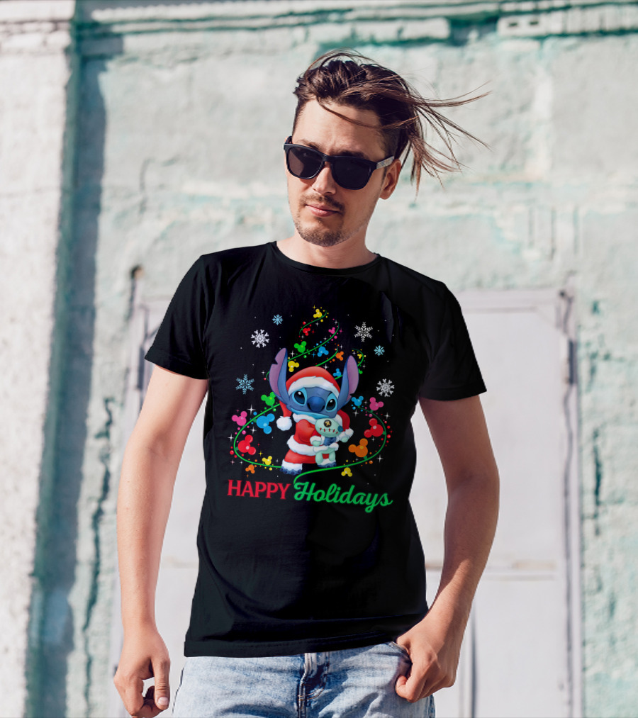 Happy Holidays Stitch Santa With Snowflakes And Mickey Mouse Ears T-Shirt