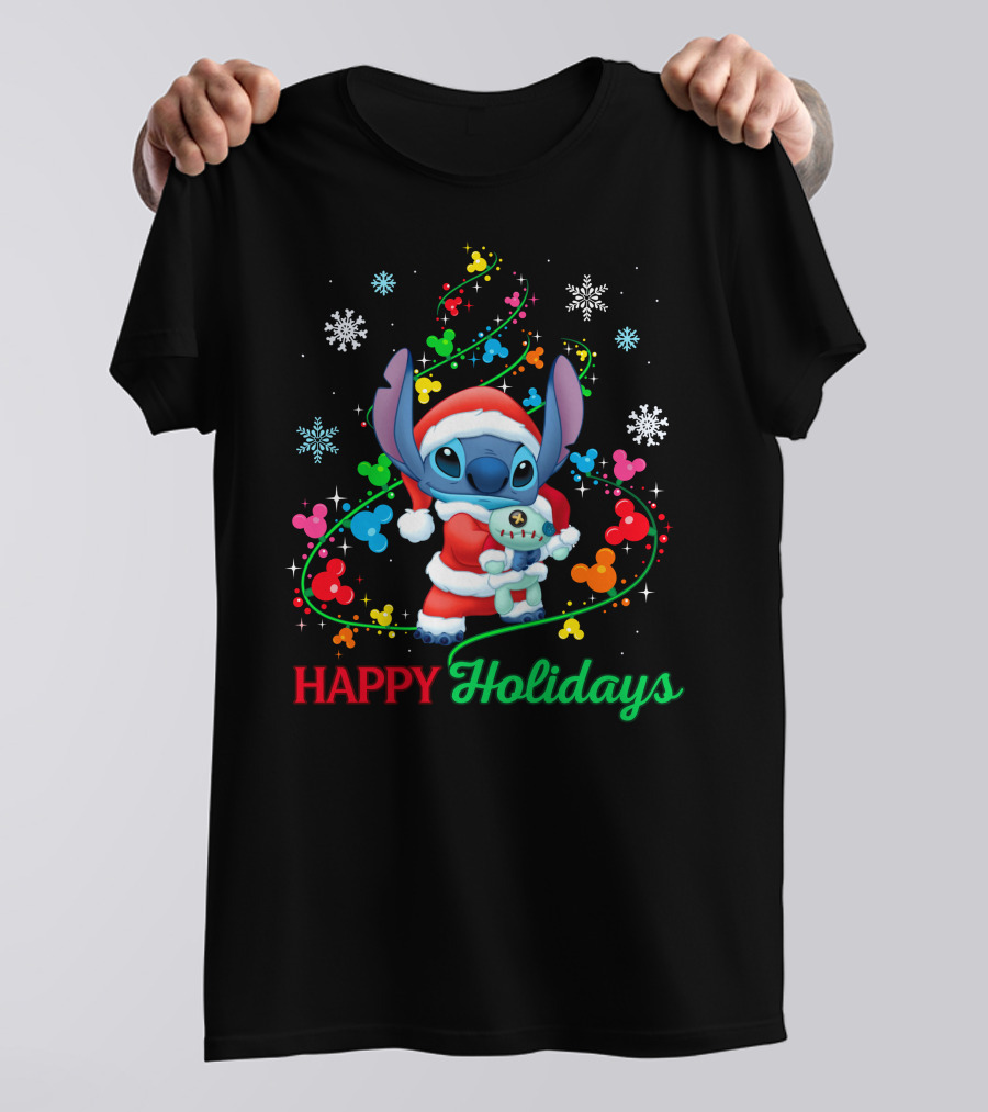 Happy Holidays Stitch Santa With Snowflakes And Mickey Mouse Ears T-Shirt